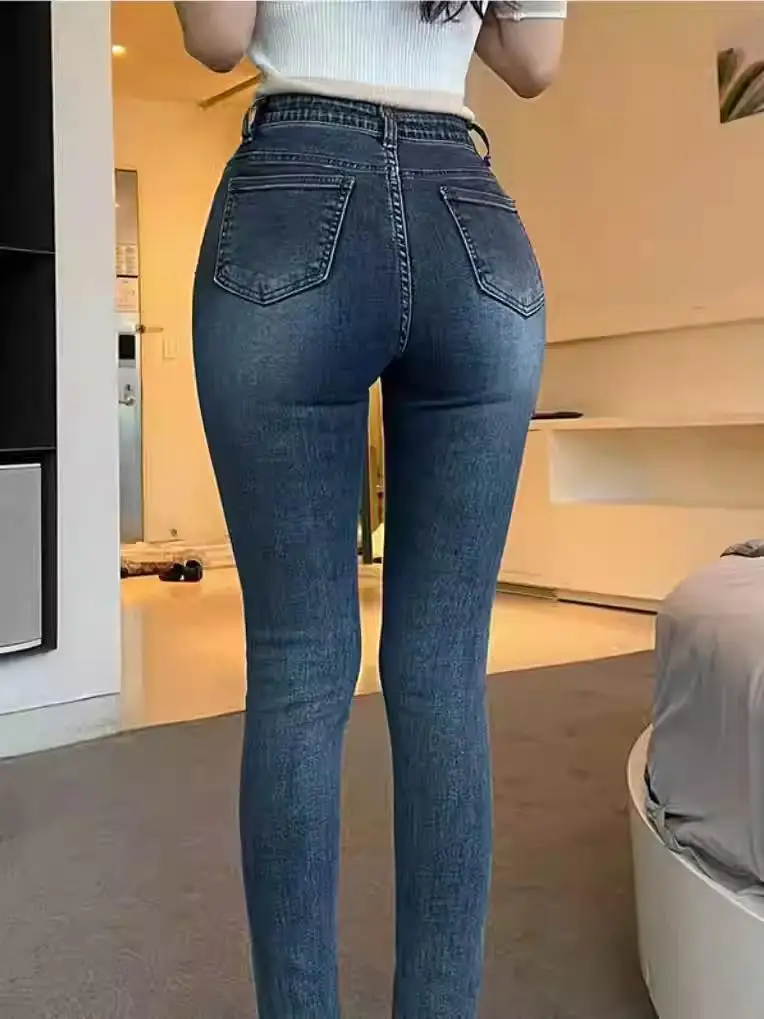 

Classic Deep Blue Slim Fit Women's Jeans High Waist Body Shaping Tight Butt Enhancing Cotton Stretch Denim Casual Fashion
