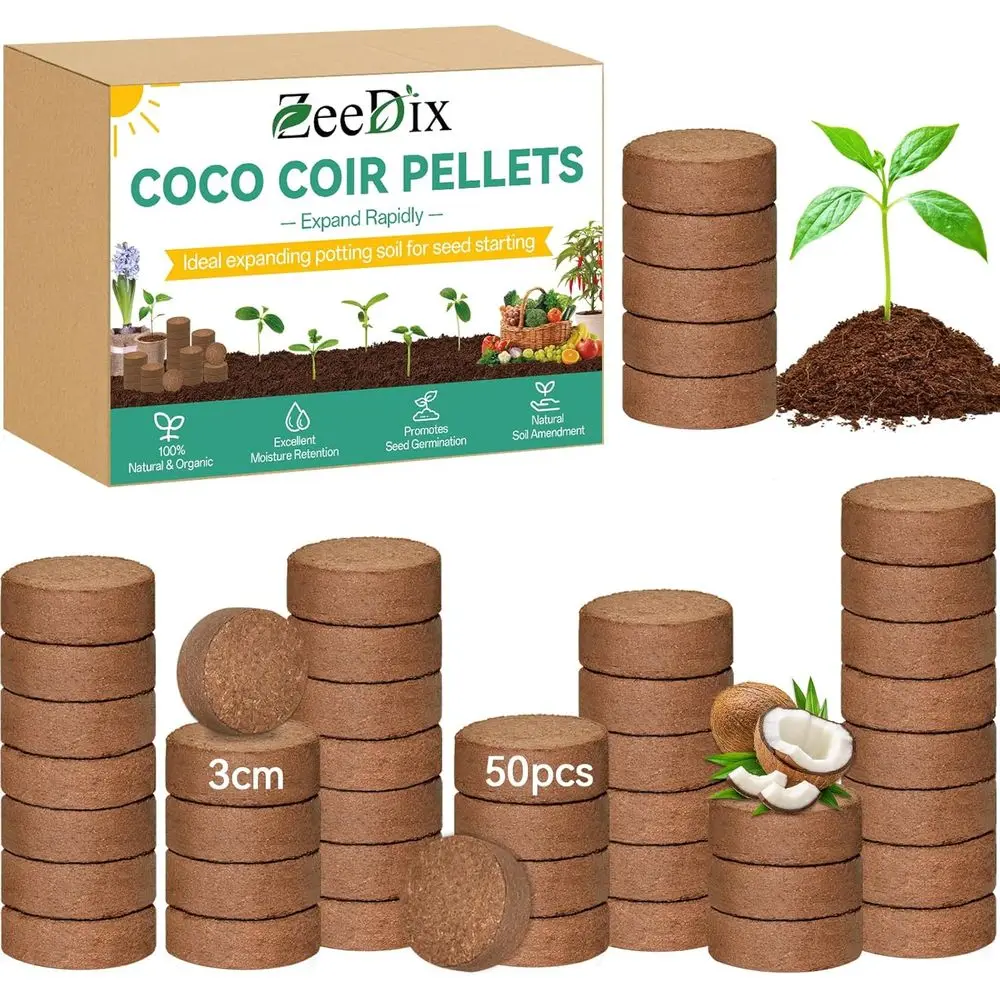 50 Pcs 30mm Organic Cocoir Pellets or Seed Starter, Compressed Coco Coir Potting Soil or Planting, Garden Soil or Indoor Outdoor