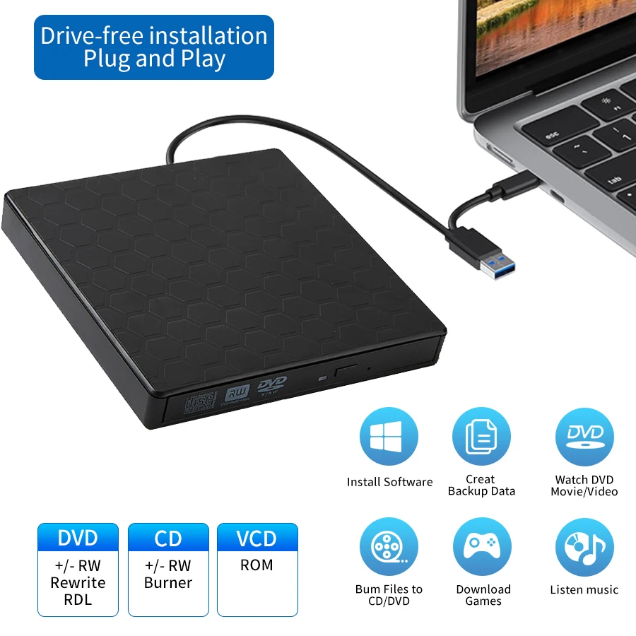 Slim External DVD RW Drive USB3.0 & Type C CD Writer Burner Reader Player Optical Drives Portable DVD Burner for Laptop PC