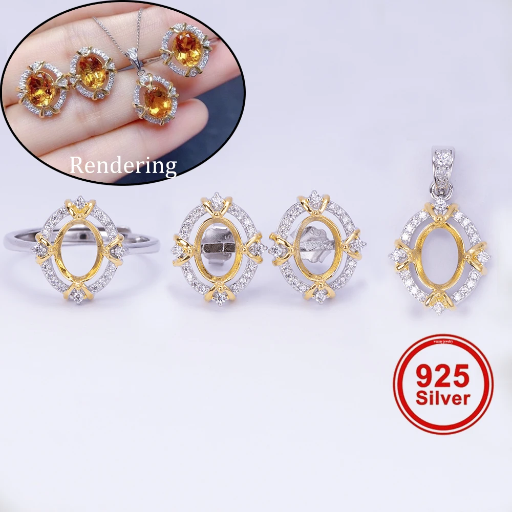 Dual-tone Plated Ring, Earrings, and Pendant Setting Kit 6*8mm, S925 Sterling Silver Material, Suitable for DIY  Jewelry