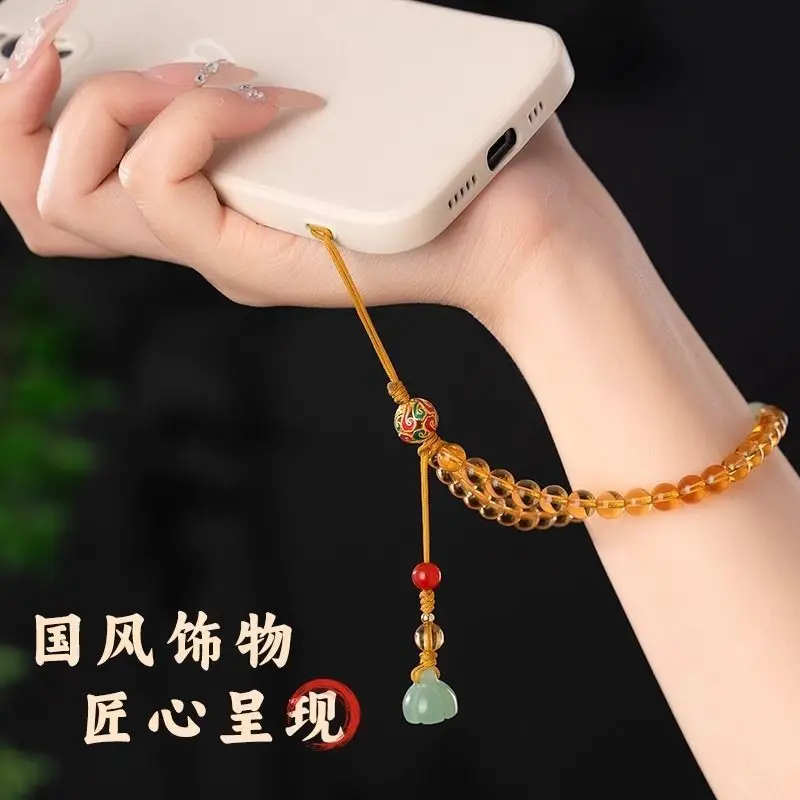 Citrine Beaded Phone Strap Keychain with Pendant Short Anti Loss Wrist Strap for Women Wealth Attracting Elegant Daily Gift