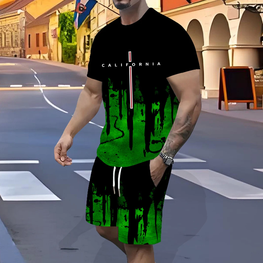 

Summer T-shirt Set Men's two-piece set sports men's adult suit polyester quick drying gradual change fabric 3D Mens y2k clothing