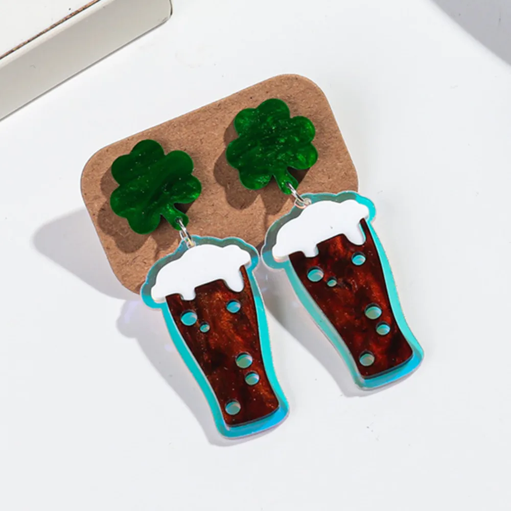 Creative Acrylic St.Patrick Green Clover Beer Cup Rainbow Dangle Earrings Women's Pendant Earring Party Jewelry Accessory