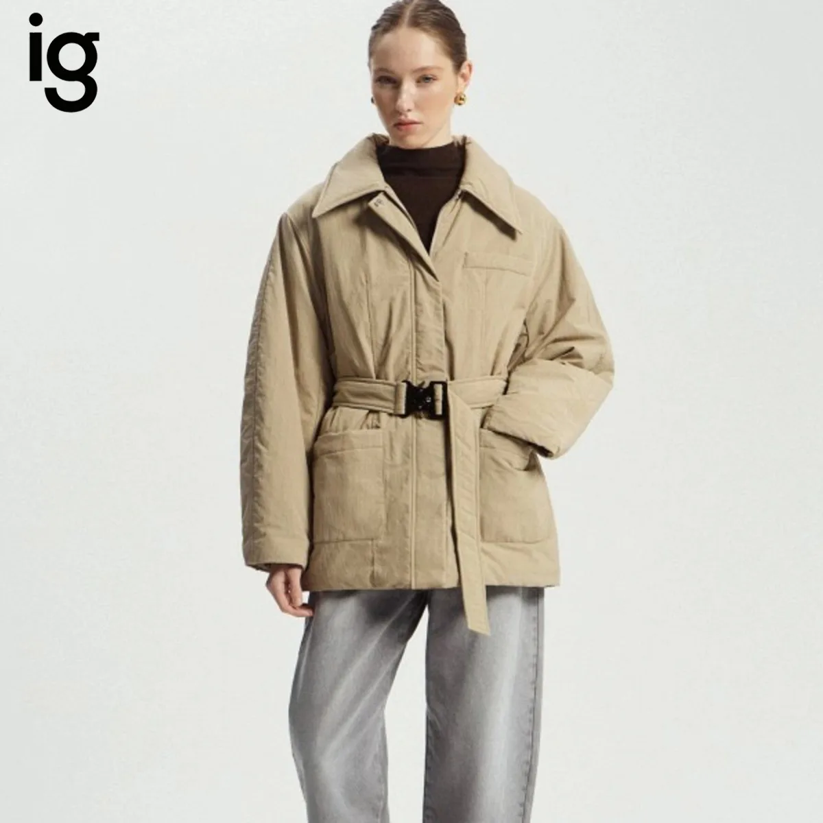 Women Khaki Wide Collar Buckle Belt Quilted Puffer Jacket, Mid-Length Side Pockets Zip Snap Closure, Winter Warm Casual Commute
