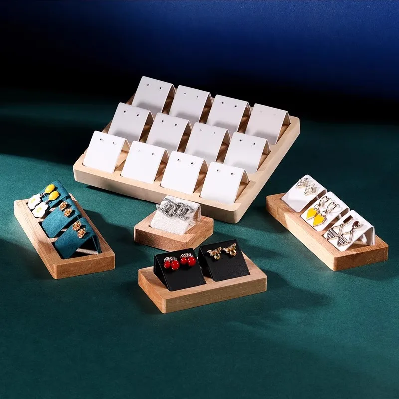 

Bamboo Wood Earrings Display Stand DIY Velvet PU Leather Jewelry Storage Tray for Window Counter Props Show