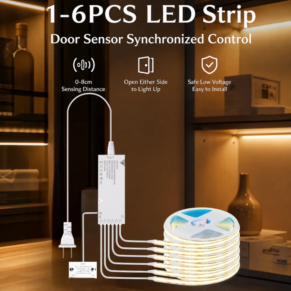 Door Opening Sensor Sync Control LED Strip Under Cabinet Wine Cabinet Closet Wardrobe Bookcase Showcase Display DIY Decor Light