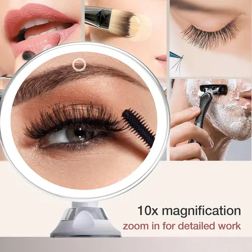 Imagen 2 del producto Espejo de aumento de maquillaje LED 3 colores claros iluminados con aumento de 10x y ventosa 360 °   Brillo de rotación regulable