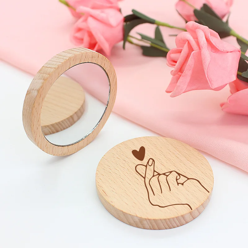 

30pcs Customized logos Wooden Small Round Mirror Portable Pocket HD Mirror Wood Mini Makeup Mirror