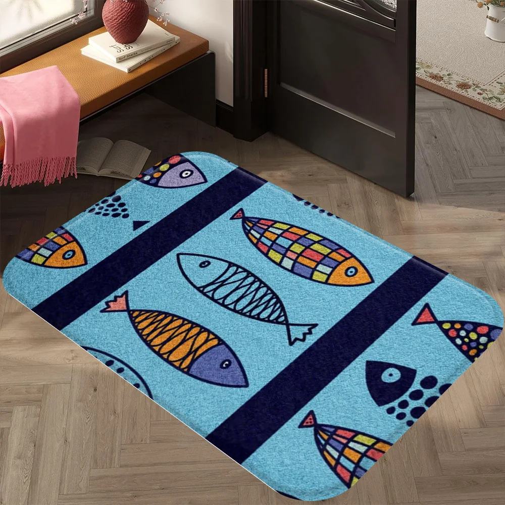 1pc Cartoon Fish Printed Flannel Mat Non-Slip Absorbent Rug for Kitchen Bathroom Bedroom Living Room