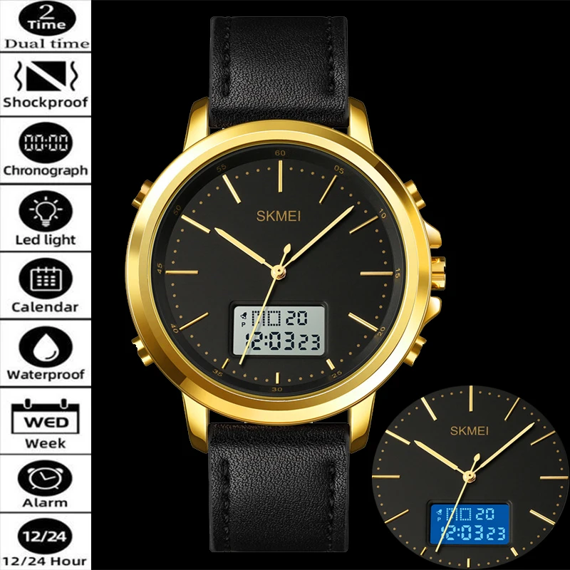 

Skmei Analog Digital Display Quartz Waterproof Watches for Mens Dual Time Zones 12 24 Hour Format Leather Strap LED Chronograph