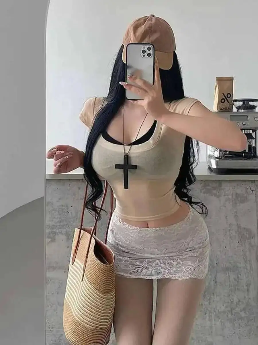 Pure Desire Sexy U-neck Slim Slimming Solid Color Micro Transparent Short Sleeved T-shirt Top Tees Fashion Women Tops AK5T