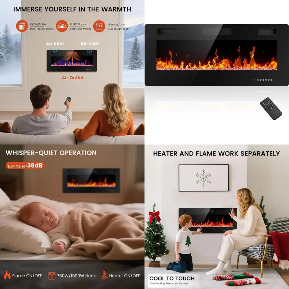 

Настенный электрический камин 42 дюйма с пультом ДУ, обогревом, таймером, регулируемым цветом пламени, 750 Вт/1500 Вт, черный