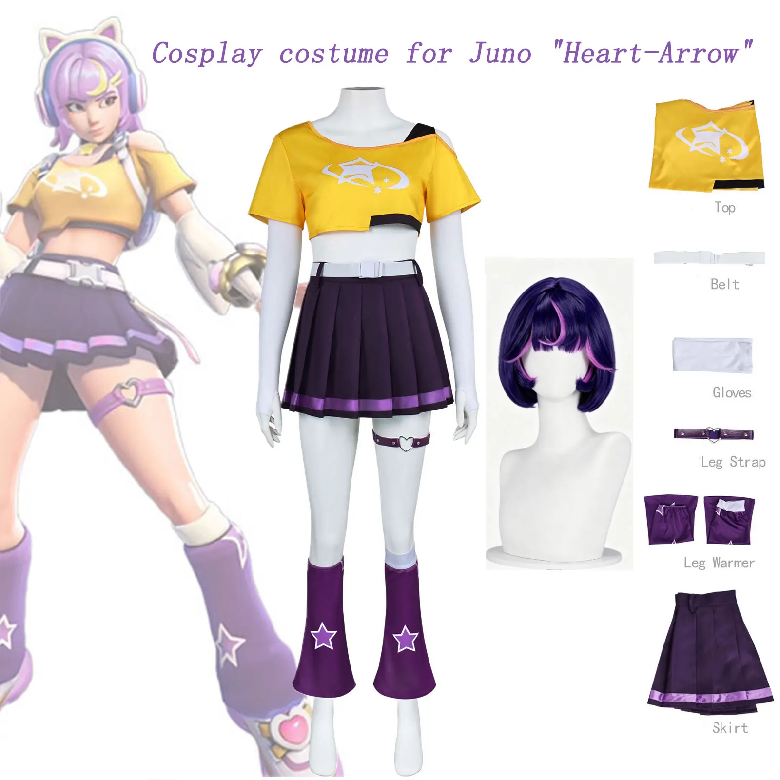 Overwatch 2 Juno Heart‑Arrow Cosplay Conjunto Completo de Disfraz de Juego Top Corto Falda Calentadores de Piernas con Peluca y Accesorios