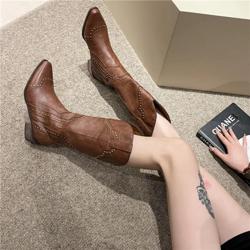 Retro Cowgirls Boots Designer Woman High Boots Fashion Pointed Toe Long Boot Shoes Ladies Elegant Rivet Women\'s Knight Bootties