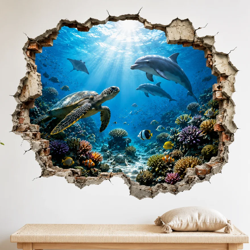 3D Broken Wall Undersea World Wall Sticker, Dolphin Turtle Coral Fish Ocean View Removable Vinyl Wall Decal for Bedroom Bathroom