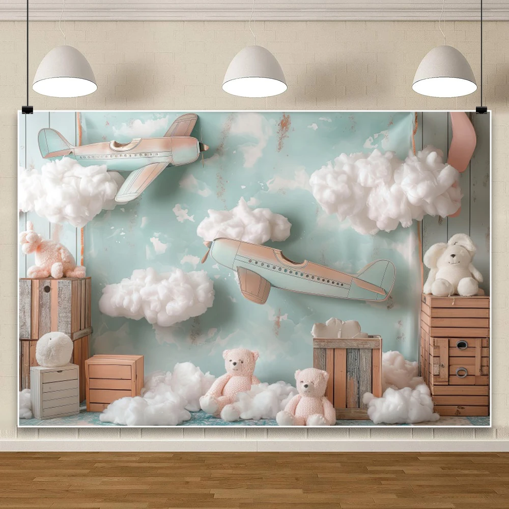 الأزرق منطاد الهواء الساخن عيد ميلاد خلفية طائرة بالون قوس تيدي بير استحمام الطفل التصوير خلفية صور استوديو الدعائم