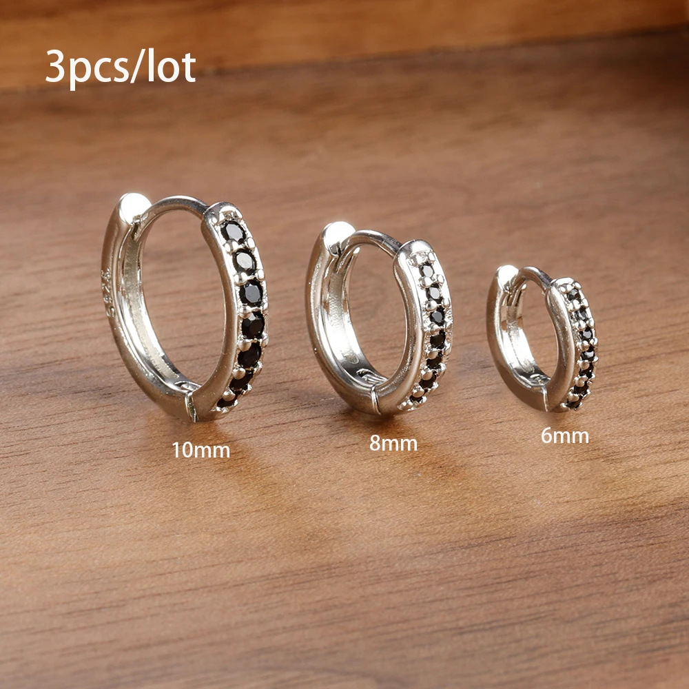 3pc Set Simple Stainless Steel Crystal Small Hoop Earrings