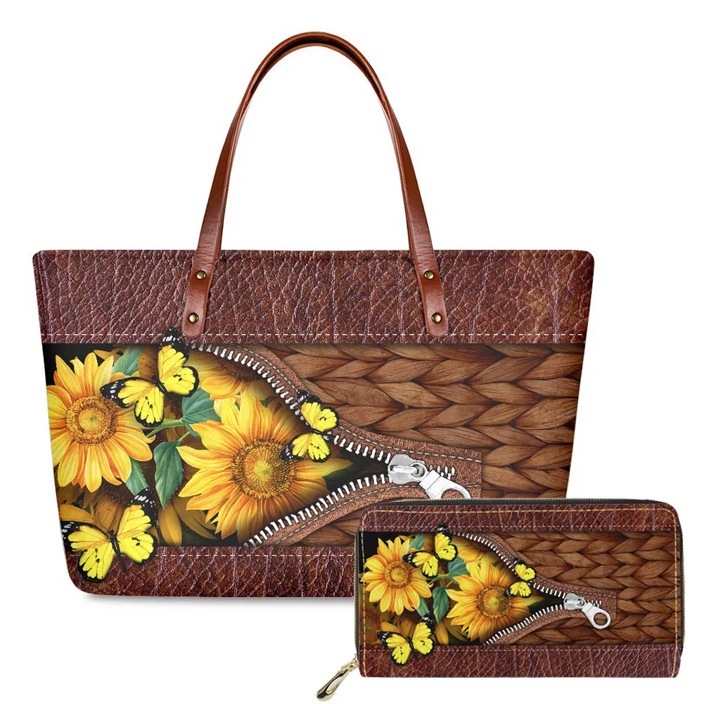 Hycool Butterfly Sunflower Zipper Print Designer Handbag Purse Women's Shoulder Bag Shopper Large Beach Bag Large  Tote Pouch