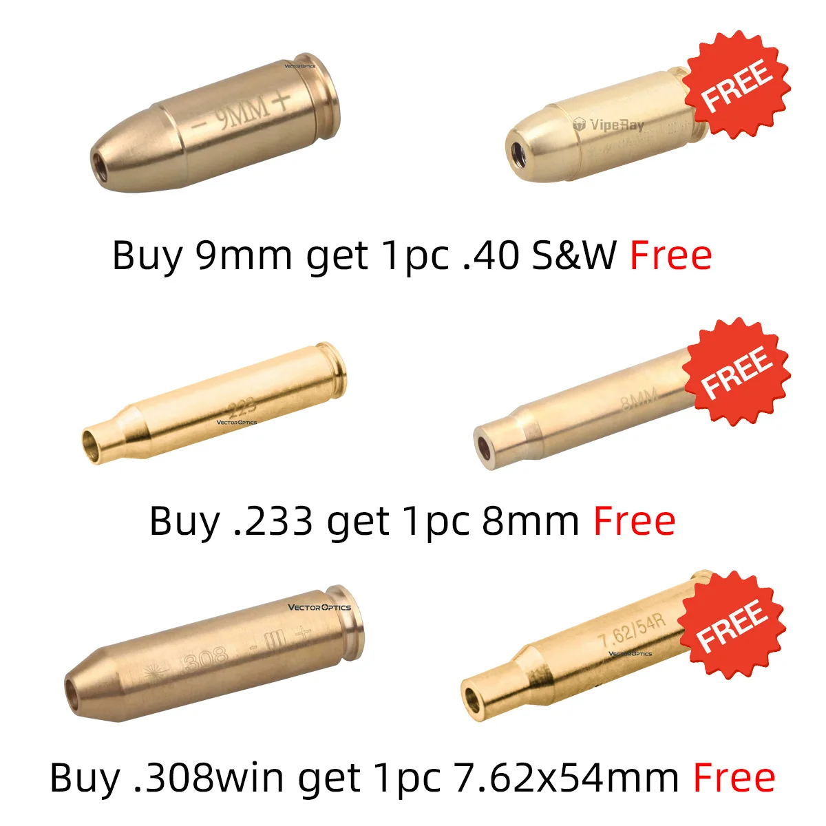 Gunpany Red Laser Bore Sight Brass Boresight CAL Cartridge Bore Sighter For Scope Adjustment .223 .308 9MM No Battery