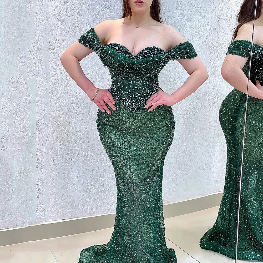 Emerald Green Evening Dress Luxury Off The Shoulder Sweetheart Pearls Beadings Glitter Mermaid Prom Gown Pageant Party Dresses