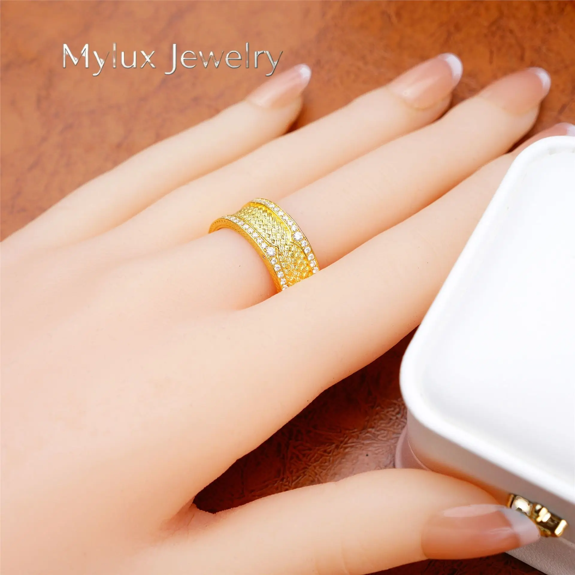 Mylux Jewelry 9999 24K real gold floral silk Wind and rain Bridge ring set with Mossan diamond precision high-grade retro fashio