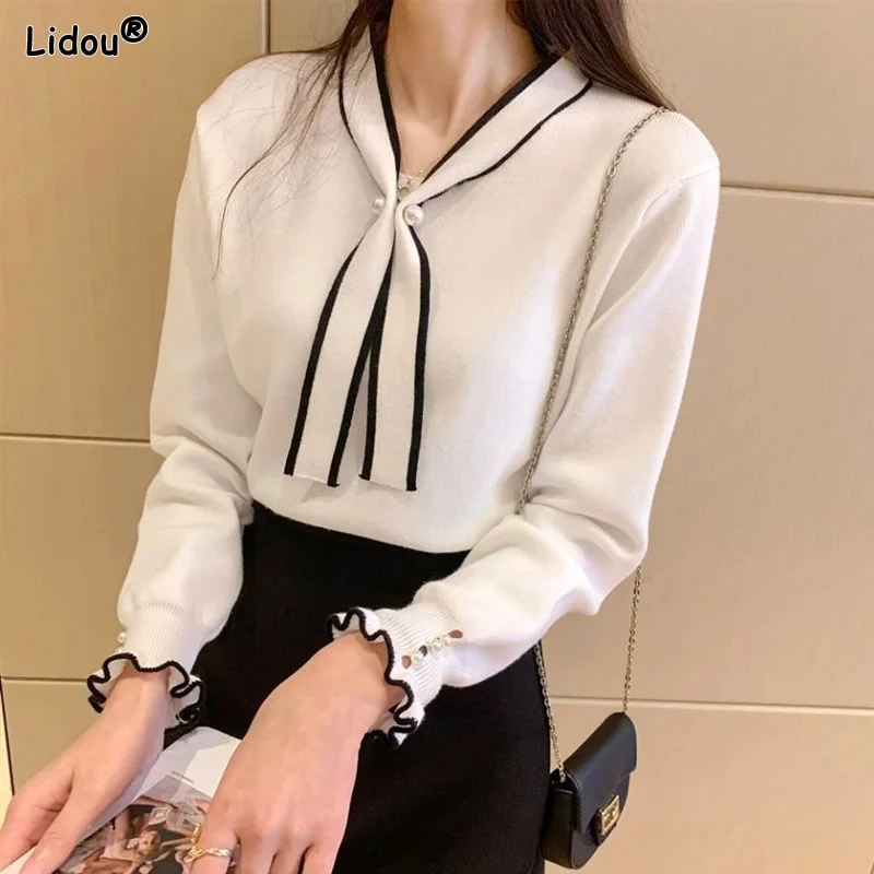 

Women's Clothing 2023 Solid Color T-Shirts Elegant Temperament Dignified Lacing Casual Spring Autumn Thin V-neck Loose Korean