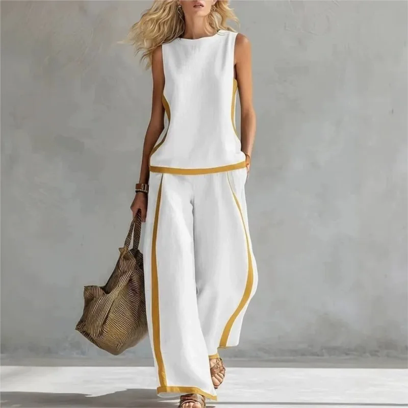 Women's Color Blocked Office Two-piece Set Summer Fashion Sleeveless Loose Top+wide Leg Pants Suit Ladies Simple Solid Outfit