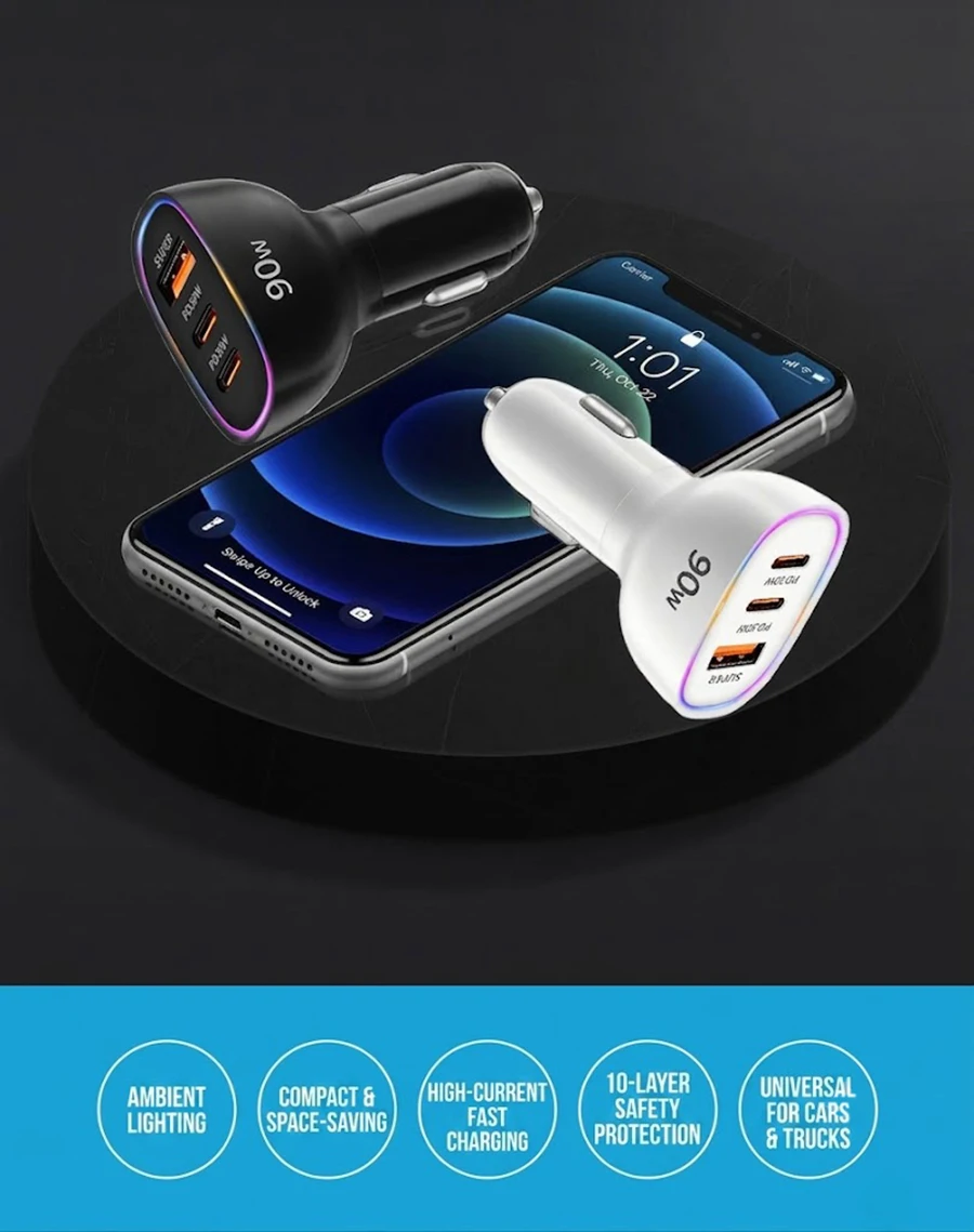 Fast Car Charger 90W 3 Ports Multi USB C PD 30W and USB A QC 30W Automobile Power Adapter with Glowing Ring For Smart Devices