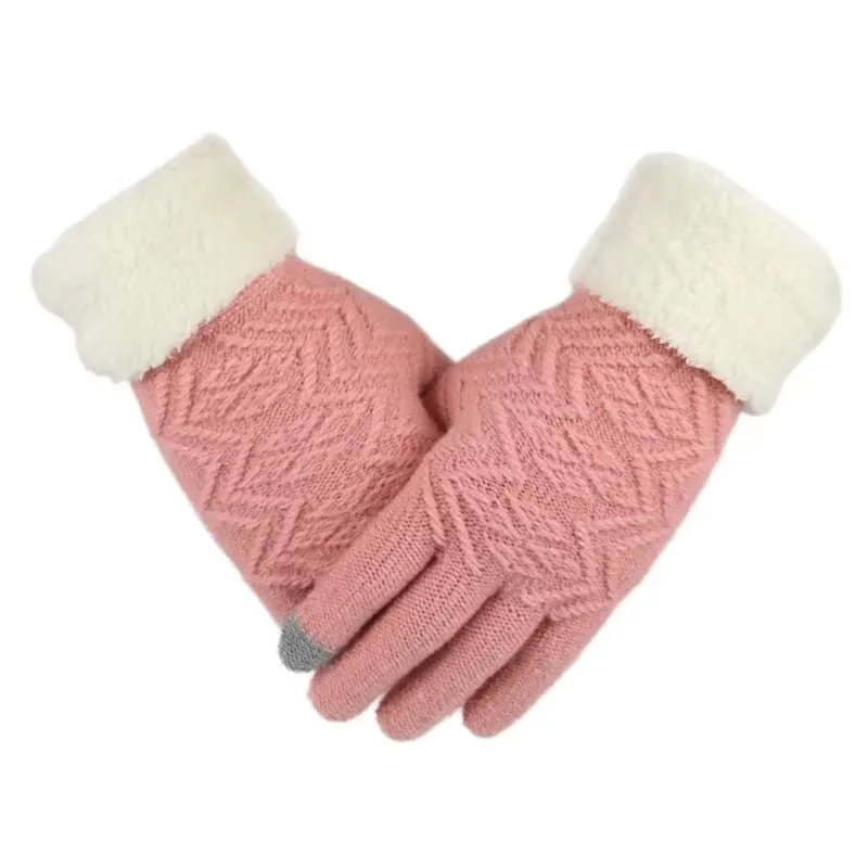 Women Winter Knitted Gloves Warm Touch Screen Fleece Lined Thick Soft Stretch Full Finger Gloves Faux Fur Cuff Mittens