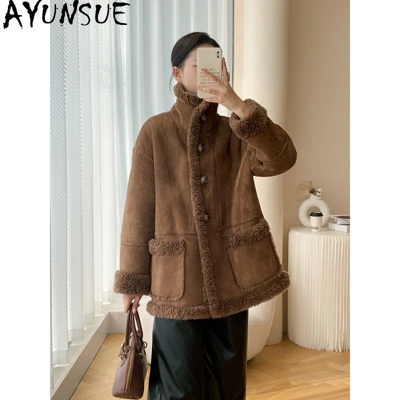 معطف صوف 100% من AYUNSUE للنساء عالي الجودة متوسط الطول سترة شتوية للسيدات معطف فرو قابل للعكس ملابس نسائية سترات دافئة