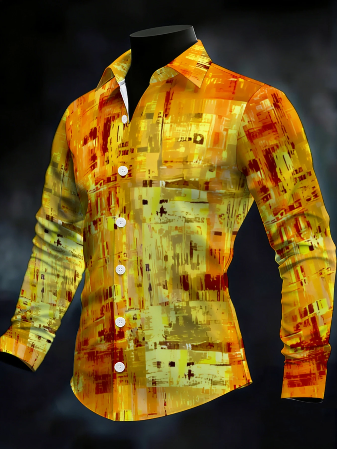 Men Long Sleeve Button Down Shirt Golden‑Yellow Abstract Graffiti Block Texture Print Polyester Lapel Collar Street