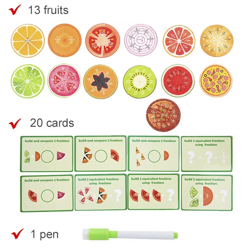 ألعاب مونتيسوري الخشبية الرياضيات التنوير كسر الفاكهة تحلل لوحة التدريس المعونة التعليمية للأطفال