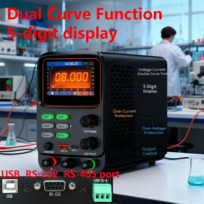 Professional DC Lab Adjustable Power Supply Voltage Current Dual Curve Function 5-Digit Display OCP OVP Protection​ Bench Source