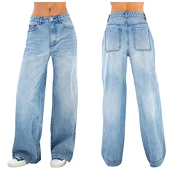 Women Jeans Loose Wide Leg Denim Pants Bleached Button Pockets Full Length Fashion Casual Jeans