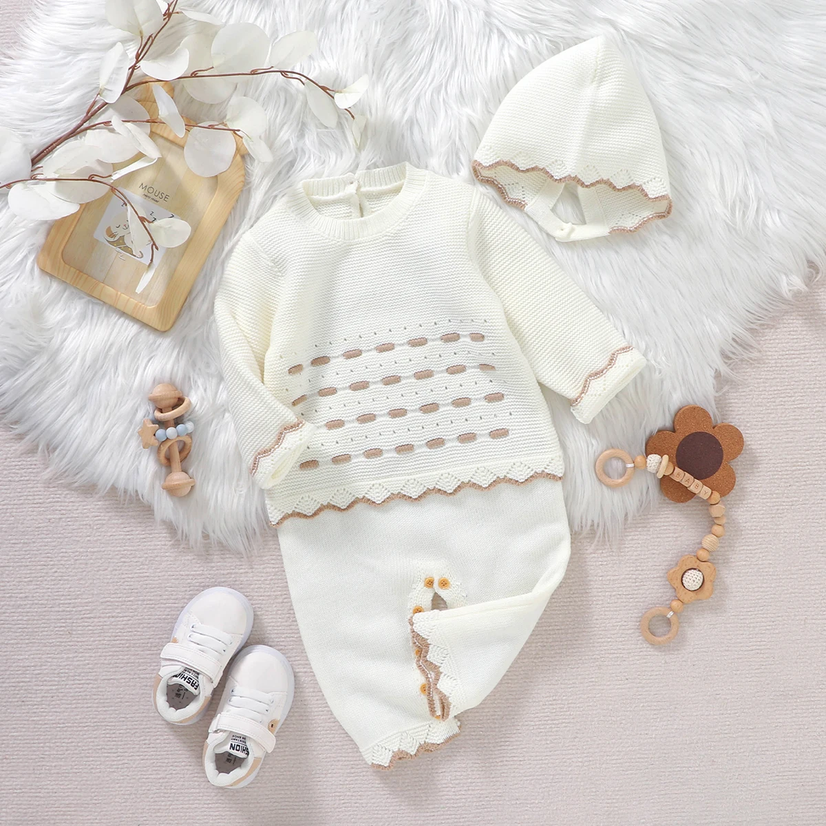 

Baby Rompers Knitted Newborn Girls Jumpsuit Long Sleeve Warm Infant Kid Clothing Hat 0-18M Overalls Fashion Ruffles 2pcs Outfits