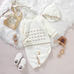 Baby Rompers Knitted Newborn Girls Jumpsuit Long Sleeve Warm Infant Kid Clothing Hat 0-18M Overalls Fashion Ruffles 2pcs Outfits
