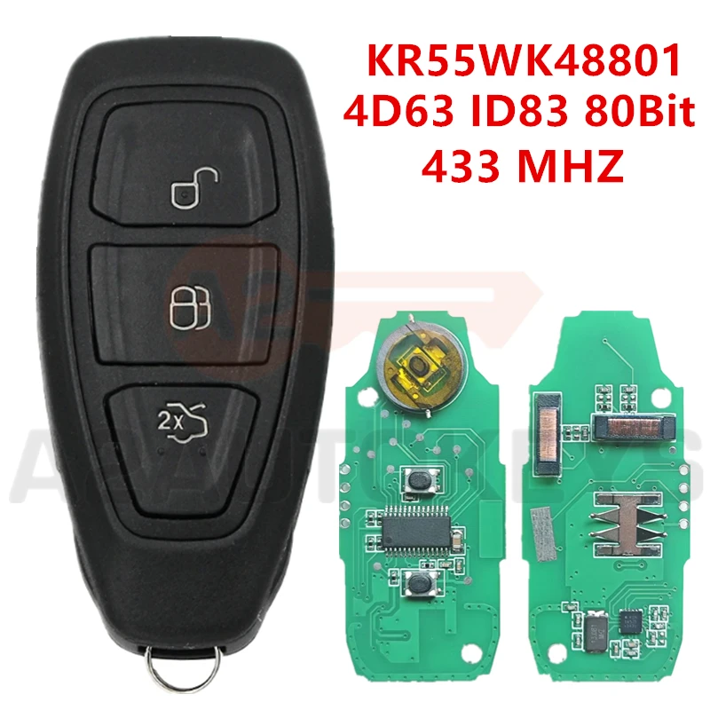 A2AUTOKEYS KR55WK48801 433 MHZ 4D63 ID83 80Bit Chip For Ford Focus C-Max Mondeo Kuga Fiesta B-Max Auto Smart Remote Car Key