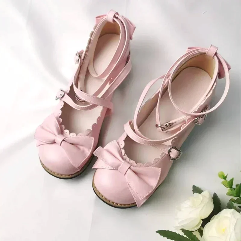 Lolita Shoes Women Flats Low Round With Cross Straps Bow Cute Girls Princess Tea Party Shoes Students Lovely Shoes Size 34-41