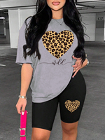 Leopard Heart Pattern Printing Shorts Sets Fashion Cartoon Women'S Two Piece Set Breathable Comfortable Short Sleeved Shorts Set