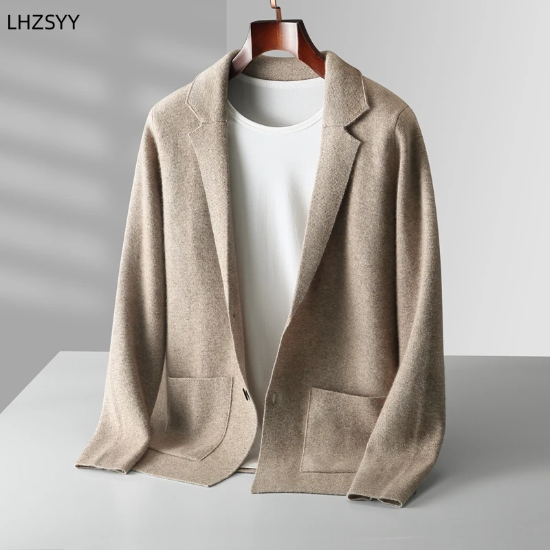 Casaco de lapela Lhzsyy para homens, jaqueta de cashmere, malha solta, camisa sólida grossa, tops casuais de negócios, terno de inverno, jovem, novo