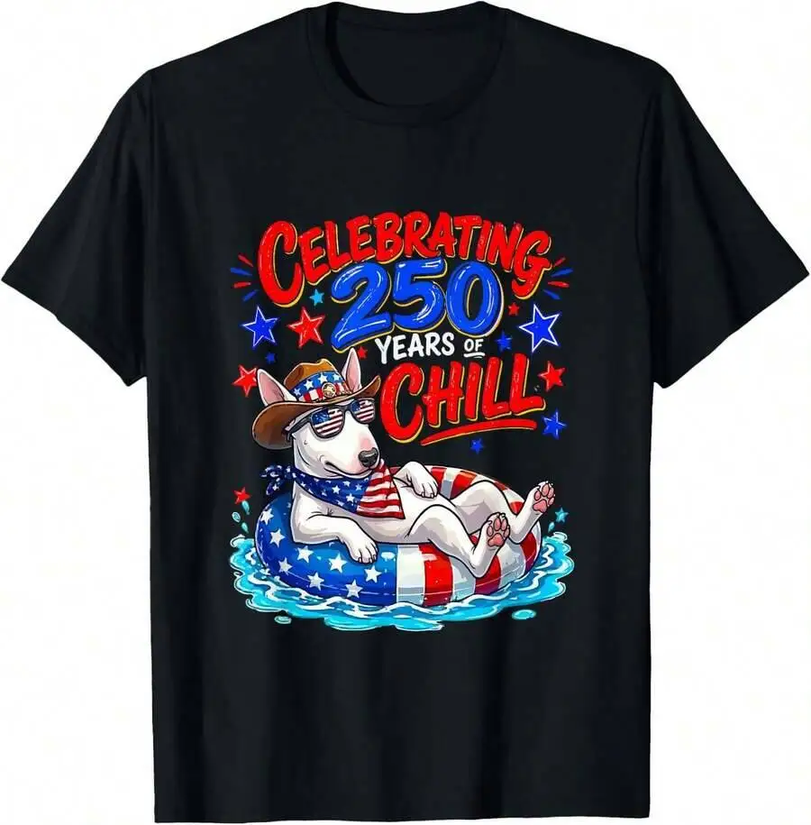 Celebrating 250Th Chill 4Th Of July US Flag Bull Terrier T-Shirt 100% Cotton Trendy Y2K Short-Sleeve Tee-Soft, Quick-Drying,