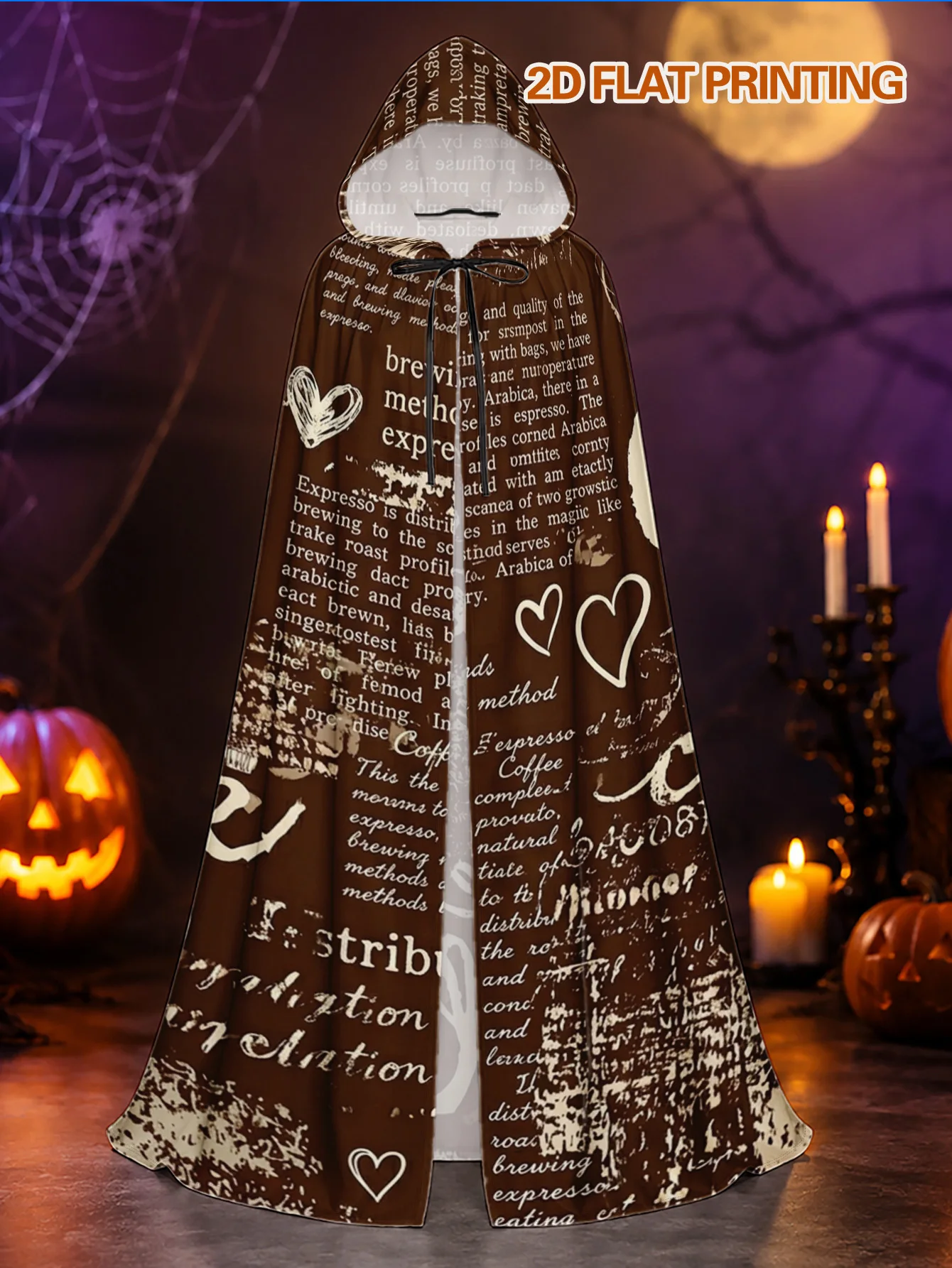1pc Long Witch Style Hooded Cape with Coffee Love Pattern, Polyester Costume Robe for Halloween Horror Nights and Christmas