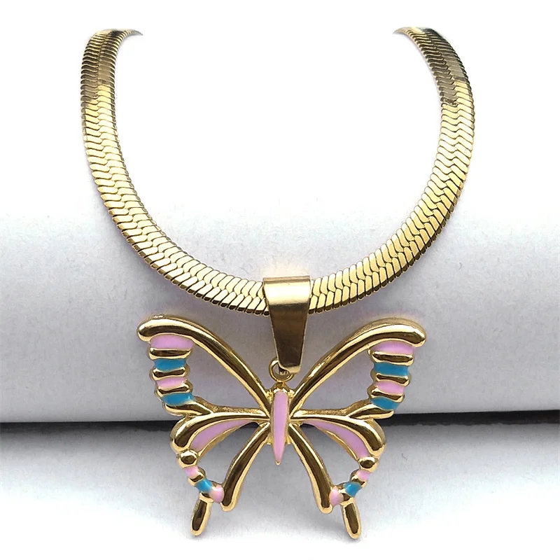 Buttefly Hollow Enamel Pendant Necklace Women Stainless Steel Gold Color Vintage Insect Choker Necklaces Jewelry Gifts NZZZ388