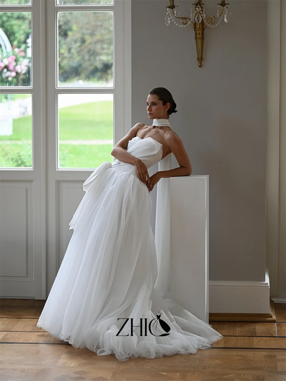 ZHIO Luxury Strapless Pearl Beaded Tulle A Line Wedding Dress Bridal Gown Scarf Neck Corset Back Reception Gowns Customized