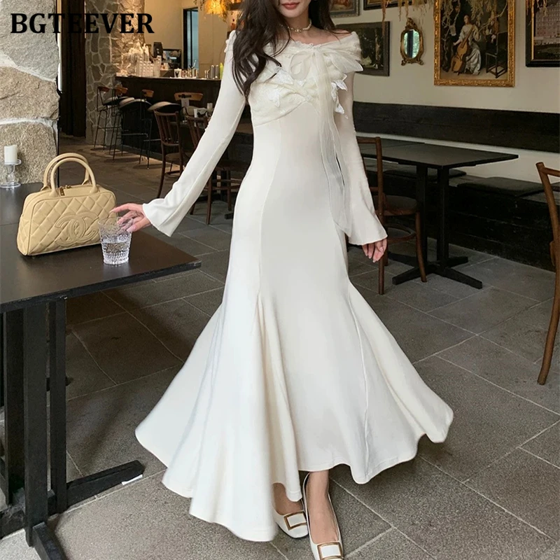 BGTEEVER Elegant Lace-up Women Slash Neck Knitted Mermaid Dress Autumn Winter Fashion Long Sleeve Female Solid Package Hip Dress