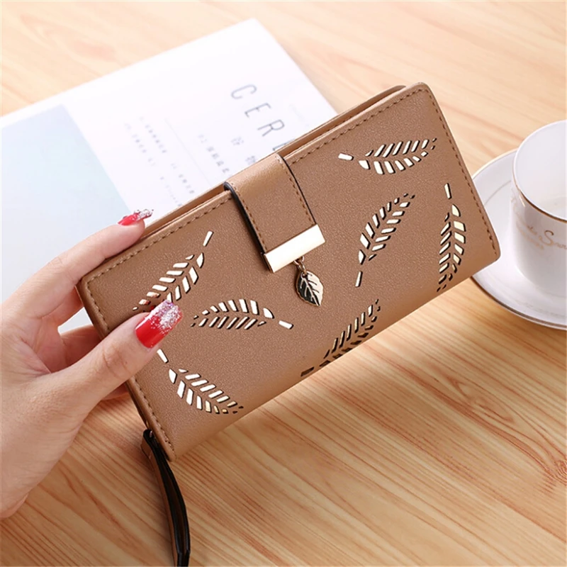 Women's Wallet PU Hollow Leaf Zipper Long Durable Anti-theft Fashion Retro Multifunctional High-capacity Female's Handbag