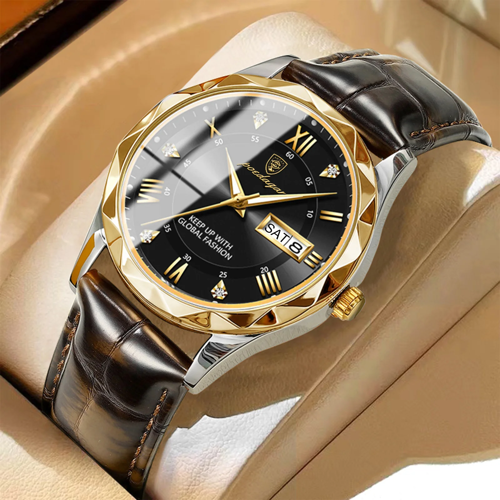 POEDAGAR Original Luxury Male Watch Waterproof Luminous Date Week Sports Men's Watches Classic Business Quartz Leather Men Watch