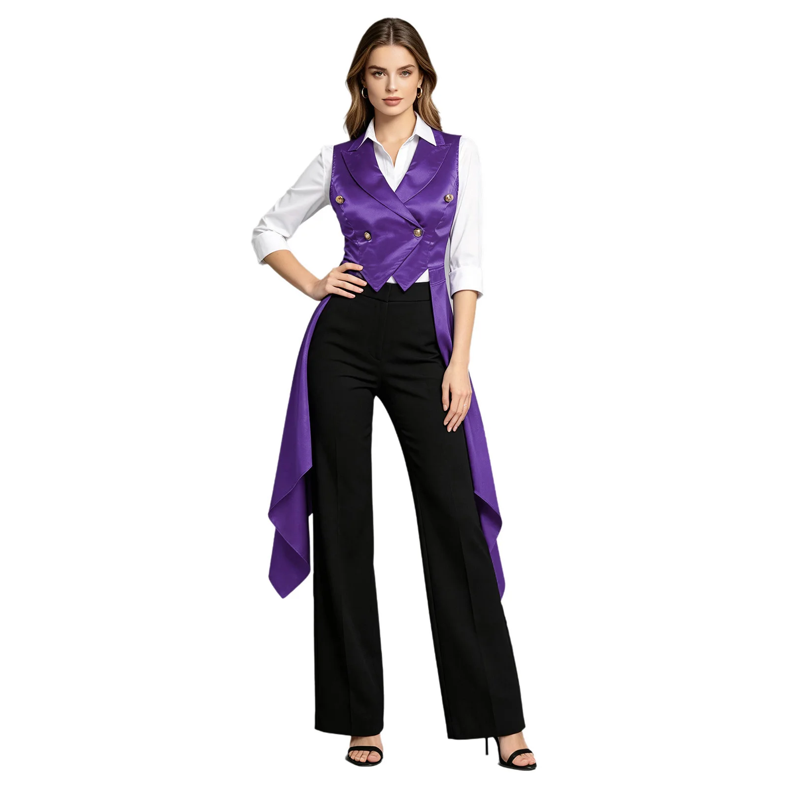 Women Renaissance Victorian Waistcoat Sleeveless Satin Tailcoat Lapel Collar Irregular Hem Vest Top for Halloween Masquerade