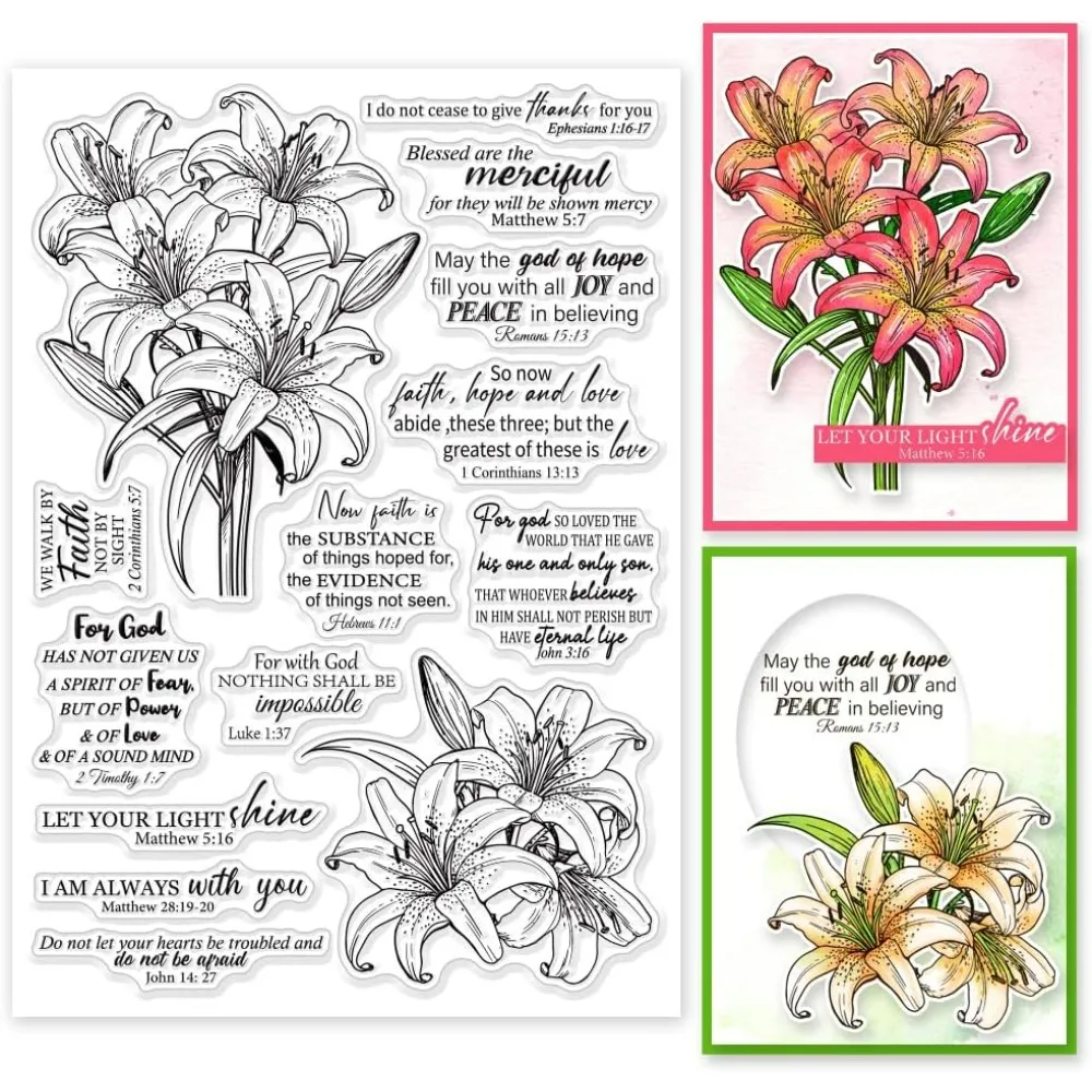Lily Bible Flowers Clear Stamps for Cards Making The Bible Word Clear Stamp Seals 5.83x8.27inch Transparent Stamps for DIY