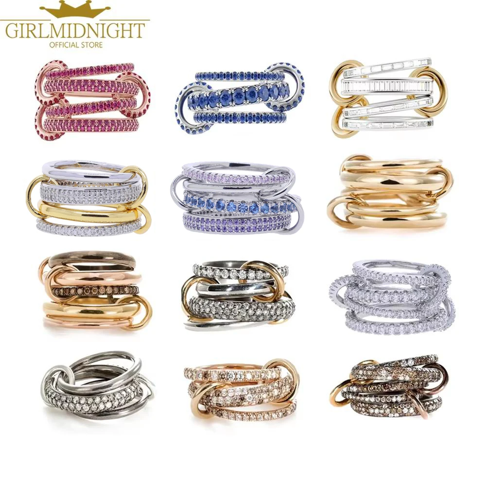 New Stacking Engagement Band Rings For Women Gold Color Pink Micro Paved CZ Zircon Multi Color Link Chain Finger Jewelry